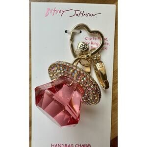 Betsey Johnson Gold Tone Pink Crystal Ring Pop Pacifier Key Fob Hand Bag Charm